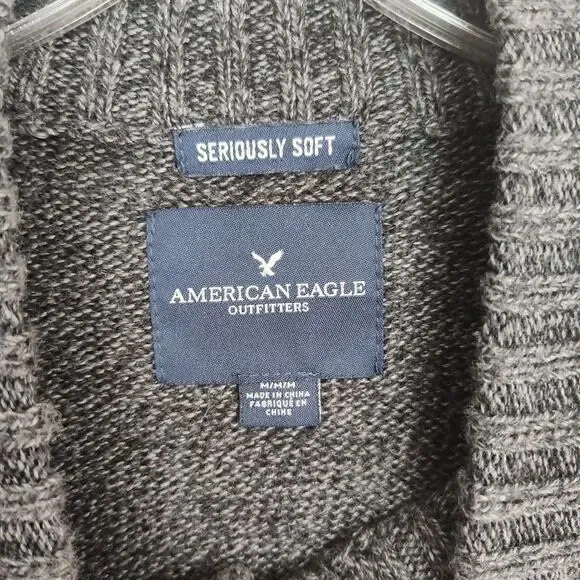 American Eagle 1/4-Button Sweater Men's M Gray Pullover Seriously Soft Long Slvs - Picture 6 of 8